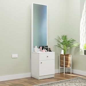 nuspace  esperance engineered wood dressing table with 1 drawer amp 1 door mirror and huge storage space  vanity for living room bedroom frosty white - 438w x 40d x 1826h cms