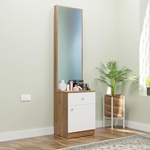 nuspace esperance engineered wood dressing table with 1 drawer amp 1 door mirror and huge storage space  vanity for living room bedroom brussel walnut amp frosty white - 438w x 40d x 1826h cms