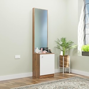 nuspace  hobart engineered wood dressing table 1 door with shelf mirror and huge storage space  vanity for living room bedroom brussel walnut amp frosty white - 438w x 40d x 1826h cms