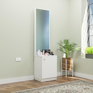 nuspace hobart engineered wood dressing table 1 door with shelf mirror and huge storage space  vanity for living room bedroom frosty white - 438w x 40d x 1826h cms