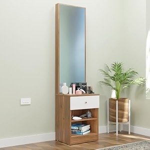 nuspace  wanaka engineered wood dressing table with 1 drawer mirror and huge storage space  vanity for living room bedroom brussel walnut amp frosty white- 438w x 40d x 1826h cms