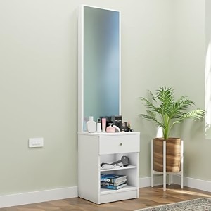 nuspace  wanaka engineered wood dressing table with 1 drawer mirror and huge storage space  vanity for living room bedroom frosty white - 438w x 40d x 1826h cms