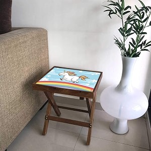 nutcase designer teak wood side table folding wooden bedside kids baby nursery furniture - fun and games - cute unicorn