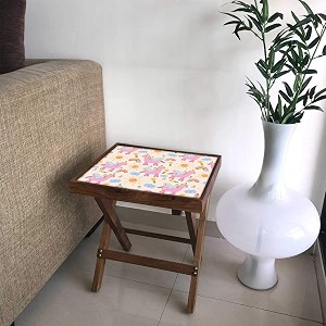 nutcase designer teak wood side table folding wooden bedside kids baby nursery furniture - fun and games - pink unicorns
