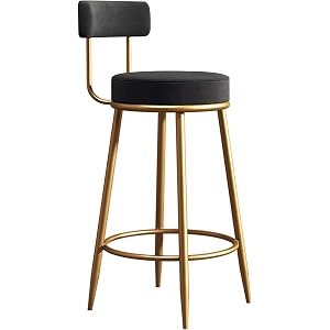 nutech decor iron velvet counter stools upholstered barstools with back footrest and round height - modern bar chairs ideal dining chairs for kitchen islands 75 cm black