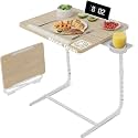 NUTIKAS Adjustable TV Tray Table for Couch - Foldable Dinner Tray with Cup Holder, Portable Wooden Folding Desk for Eating, Working and Writing, White