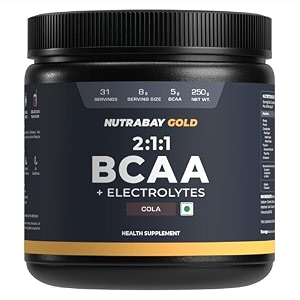 nutrabay gold bcaa 211 with electrolytes 5000 mg vegan bcaas per serving  prepost workout energy drink for muscle build up amp faster recovery - tested for purity - no banned substances  250g cola