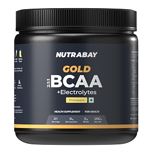 nutrabay gold bcaa 211 with electrolytes 5000 mg vegan bcaas per serving  prepost workout drink for muscle build up amp faster recovery - tested for purity - no banned substances  250g pineapple