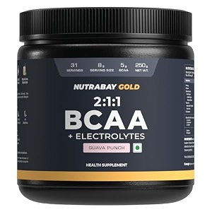 nutrabay gold bcaa 211 with electrolytes 5000 mg vegan bcaas per serving  prepost workout drink for muscle build up amp faster recovery - tested for purity - no banned substances  250g guava