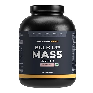 nutrabay gold bulk up mass gainer powder - 3kg strawberry  30g protein 104g carbs 554 calories  easy to digest  100 veg muscle building amp weight gainer supplement for men amp women