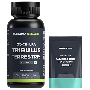 nutrabay pure micronised creatine monohydrate powder 100g unflavoured amp nutrabay wellness tribulus terrestries gokshura- 1000mg 60 veg capsules