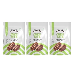 nutraj snackrite roasted amp salted pecan nuts 300g 100g x 3 pouch  dry fruits  ideal for snacking and baking  grocery items