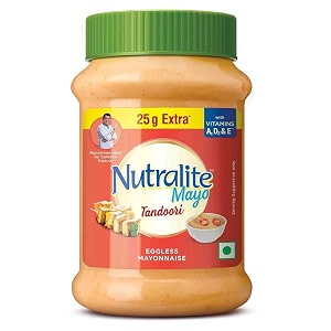 nutralite tandoori mayo 300 gram 275 gram with 25 g extraeggless mayonnaise  enriched with vitamins a d2 and e creamy amp cheesy veg mayonnaise easy to scoop amp spread