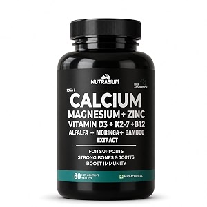 nutrasium calcium magnesium zinc tablets with vitamin d3 vitamin k2-7 amp vitamin b12  alfalfa moringa amp bamboo extract  high absorption mineral amp vitamin supplement  60 tablets