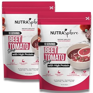 nutrasphere beetroot tomato protein soup packets high protein high fibre natural antioxidants diabetic friendly instant preservative free sugarfree gluten free no msg- 20 sachets