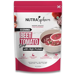 nutrasphere beetroot tomato protein soup packets high protein high fibre natural antioxidants diabetic friendly instant preservative free sugarfree gluten free no msg- 10 sachets