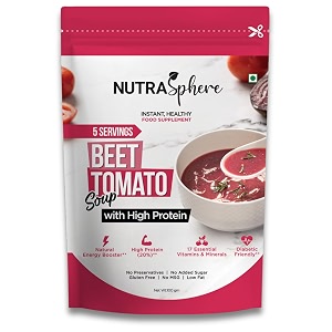 nutrasphere beetroot tomato protein soup packets high protein high fibre natural antioxidants diabetic friendly instant preservative free sugarfree gluten free no msg- 5 sachets