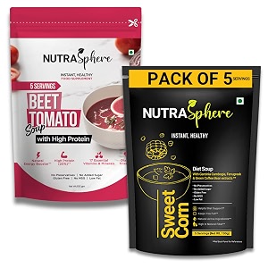 nutrasphere diet sweet corn beetroot tomato high protein soup packets combo for weight management instant preservative free no msg sugarfree gluten free- 5 sachet each