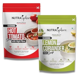 nutrasphere diet lemon coriander tomato soup packets combo weight management high fibre diabetic friendly instant no msg preservative free sugarfree gluten free- 10 sachets each