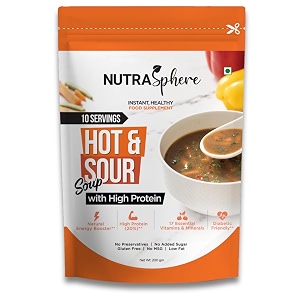 nutrasphere hot n sour high protein soup packets instant preservative free no msg sugarfree gluten free diabetic friendly- 10 sachets