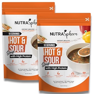 nutrasphere hot n sour high protein soup packets instant preservative free no msg sugarfree gluten free diabetic friendly- 20 sachets