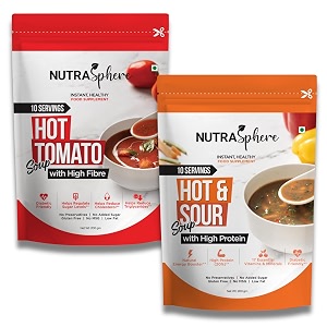 nutrasphere tomato hot n sour soup packets combo high protein high fibre instant no msg preservative free sugarfree gluten free diabetic friendly - 10 sachets each