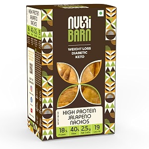nutribarn high protein low carb jalapeno nachos 180 gms  25 protein  17g net carbs  lab tested low gi 19  diabetic friendly weight management nacho chips  60g pack of 3