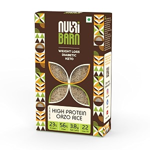 nutribarn high protein low carb orzo rice 200 gms  23 protein  38g net carbs  lab tested low gi 22  diabetic friendly weight management fillini rice  200g 1 pack