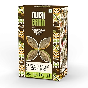 nutribarn high protein low carb orzo rice 400 gms  23 protein  38g net carbs  lab tested low gi 22  diabetic friendly weight management fillini rice  400g 1 pack