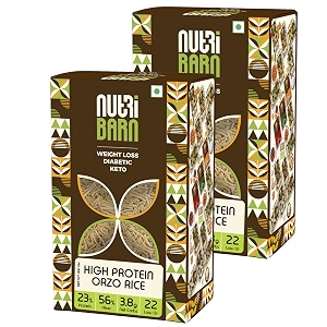 nutribarn high protein low carb orzo rice 1 kg  23 protein  38g net carbs  lab tested low gi 22  diabetic friendly weight management fillini rice  500g pack of 2