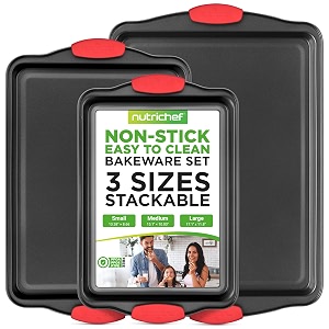 nutrichef baking sheet pan set - 3 piece nonstick rectangular baking trays