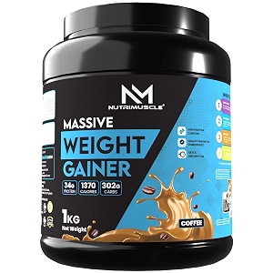 nutrimuscle massive weight gainer powder  1 kg  coffee flavour  complex carbs amp protein blend for healthy weight amp muscle mass gain  men amp women