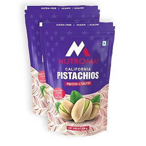 nutroma roasted and salted american pistachios  rich in fibre and antioxidants natural source of protein  shelled nuts super crunchy pista  delicious dry fruit  250 gm pack of 2