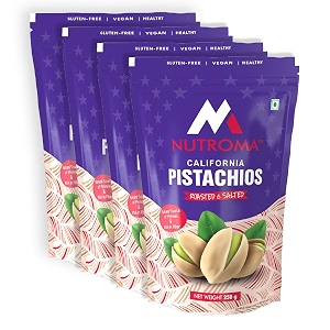 nutroma roasted and salted american pistachios  rich in fibre and antioxidants natural source of protein  shelled nuts super crunchy pista  delicious dry fruit  250 gm pack of 4