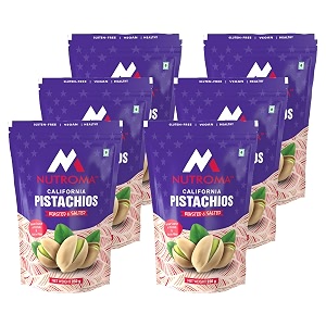 nutroma roasted and salted american pistachios  rich in fibre and antioxidants natural source of protein  shelled nuts super crunchy pista  delicious dry fruit  250 gm pack of 6