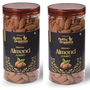 nutty organics premium mamra almonds -1000 grams hand selected jumbo 100 natural special mamra giri a grade vacum packed for freshness value