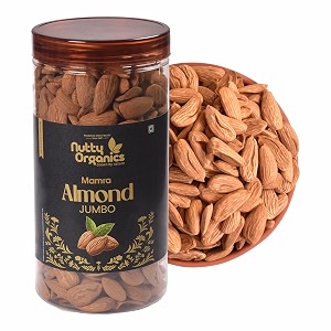 nutty organics premium super jumbo mamra almonds - 250 grams hand selected jumbo 100 natural special mamra giri a grade vacum packed for freshness