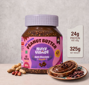 nutty village dark chocolate crunchy peanut butter - no refined sugar high protein spread