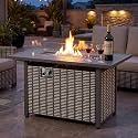 NUU GARDEN 43" Propane Gas Fire Pit Table, 50,000 BTU Rattan Outdoor Fire Pit, Gas Fire Pit Table with Lid, Cover, Glass Beads and Wind Guard, Metal Tabletop, Brown