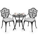 NUU GARDEN Outdoor 3-Piece Bistro Set with Cushions, 24 Inch Cast Aluminum Round Bistro Table with 2.17" Umbrella Hole, 2 Cast Aluminum Bistro Chairs, for Patio, Garden, Backyard and Balcony, Black