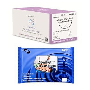 nuvocril sterile absorbable surgical suture synthetic braided amp coated polyglactin 910  code no nm 2346  sutures size usp 1-0  suture length - 90cm  needle description - 12 circle round body  needle length - 40mm  box of 12 foils