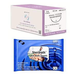 nuvocril sterile absorbable surgical suture synthetic braided amp coated polyglactin 910  code no nm 2317  sutures size usp 2-0  suture length - 90cm  needle description - 12 circle round body  needle length - 30mm  box of 12 foils