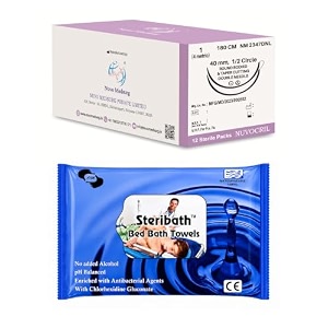 nuvocril sterile absorbable surgical sutures synthetic braided amp coated polyglactin 910  code no nm 2347dnl  suture size usp 1  suture length - 180cm  needle description - 12 circle round body amp 12 circle taper cutting double needle  needle length - 40mm  box of 12 foils