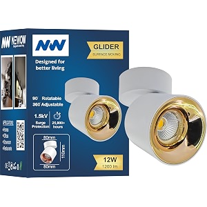 nw 12w glider sf moveable white with gold aluminium 360 degree adjustable cylindrical shape led surface light  cob light  wall light  spot light  light color- warm white pack of 1