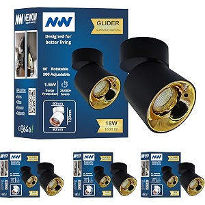 nw 18w glider sf moveable black with gold aluminium 360 degree adjustable cylindrical shape led surface light  cob light  wall light  down light  spot light  light color- white pack of 4