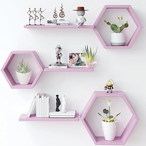 wooden attractive hexagonal shape wall hanging shelf book shelf  plant stand for living room bedroom amp office decoration pink