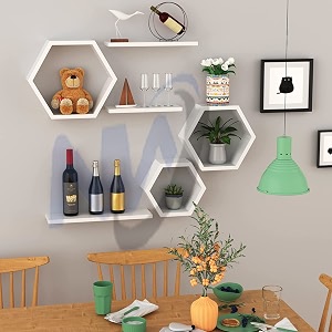 wooden attractive hexagonal shape wall hanging shelf book shelf  plant stand for living room bedroom amp office decoration white
