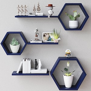 wooden attractive hexagonal shape wall hanging shelf book shelf  plant stand for living room bedroom amp office decoration blue