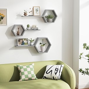 wooden attractive hexagonal shape wall hanging shelf book shelf  plant stand for living room bedroom amp office decoration grey