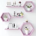 Wooden Attractive Hexagonal Shape Wall Hanging Shelf Book Shelf | Plant Stand for Living Room Bedroom &amp; Office Decoration (Pink)